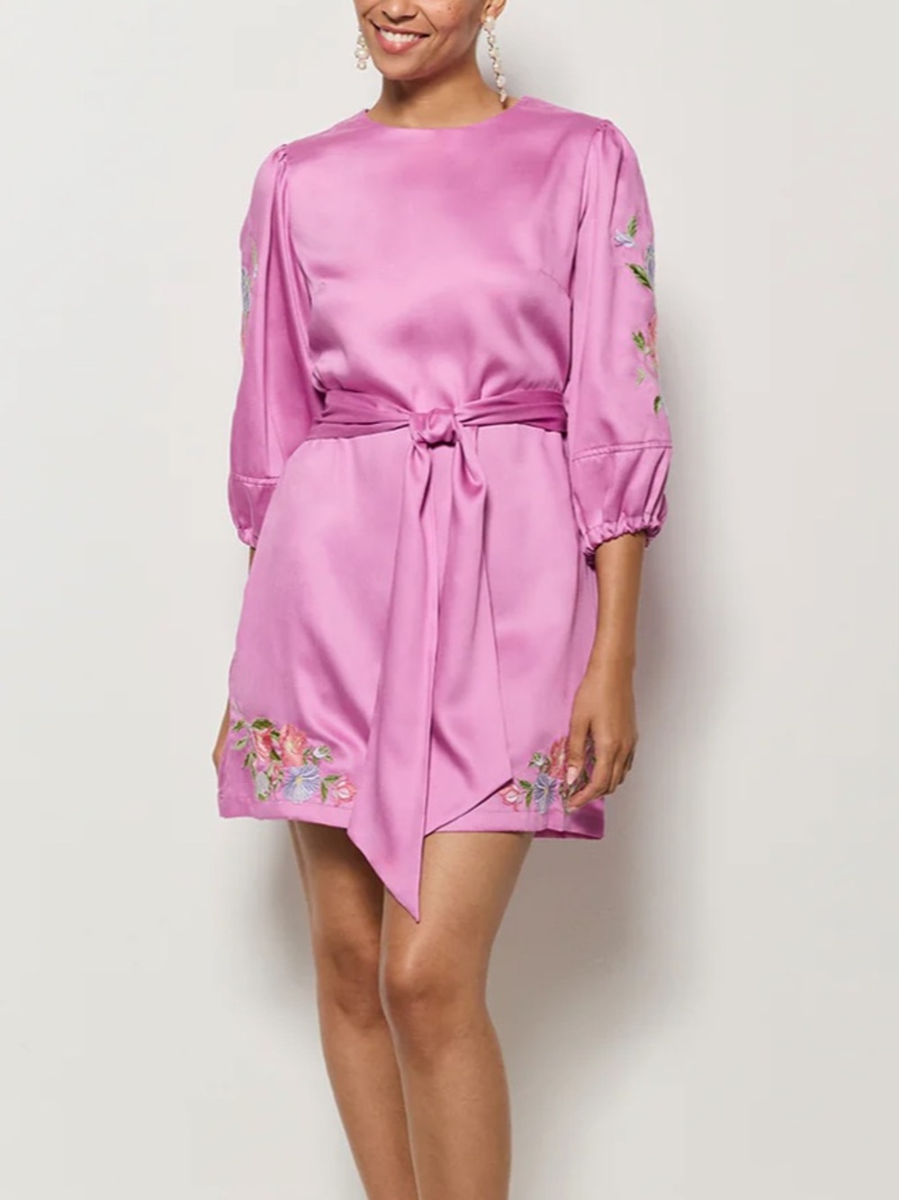 Fanm Mon Barcin Mini Dress Tie Belt Sleeve Floral Embroidered Plum Pink Small